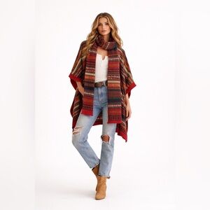 Dorothy Perkins Fair Isle Shawl Wrap Scarf Sweater Poncho Boho Red Size S/M